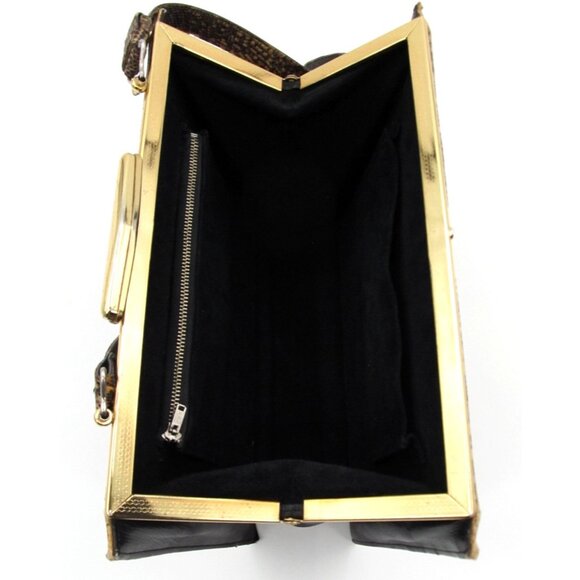 Vintage 60s Genuine Leather Reptile Purse YKK Zip Gold Frame Kiss Lock Bag - Picture 6 of 16